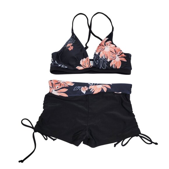 Two-Piece Black Floral Bikini Set  Sports Bra Shorts Womens Swimwear Size S - Picture 1 of 5